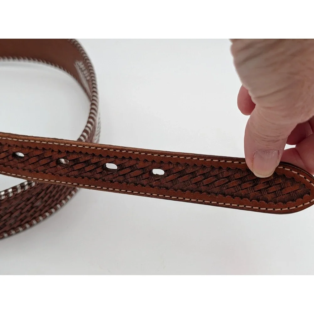 Unisex Western Belt Basketweave Metal Arrowhead Tooled Brown